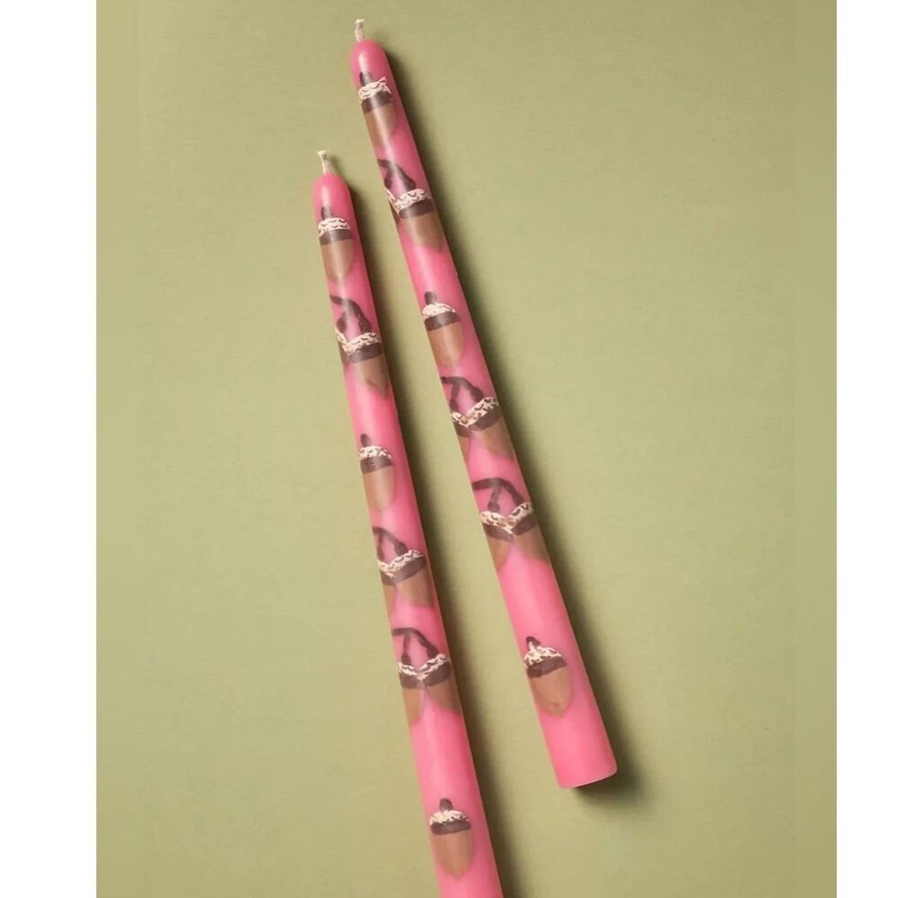 NIB Anthropologie Pink Handpainted Acorn Taper Candles - Set of 2